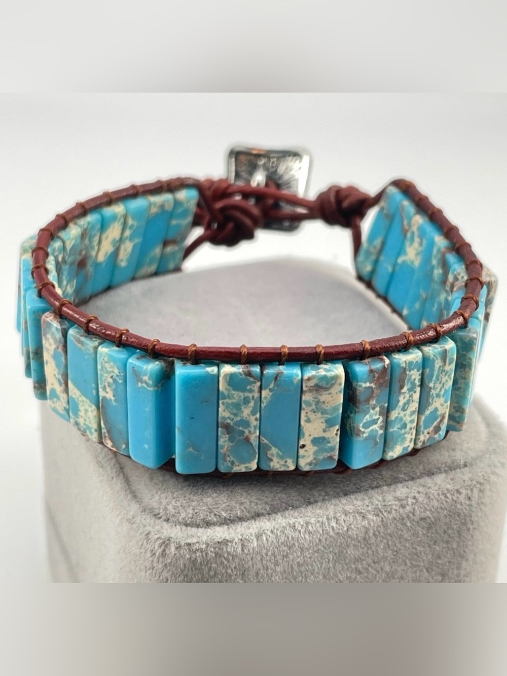 Natural Turquoise Jasper Stone Healing Beaded Cuff Bracelet on Leather Wrap Cord
